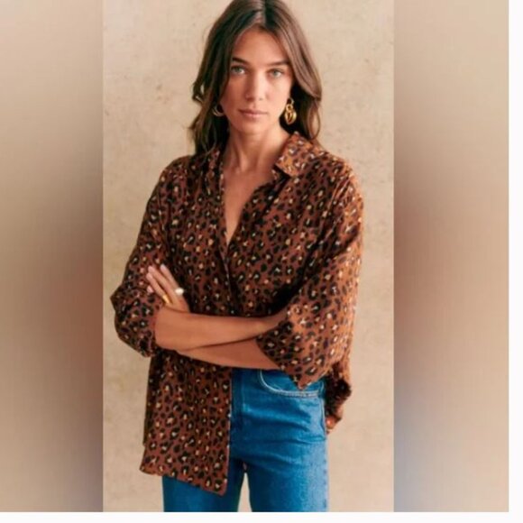 Sezane Max Silk Leopard  Animal Button Down Top Sz 36/ S - Picture 1 of 8